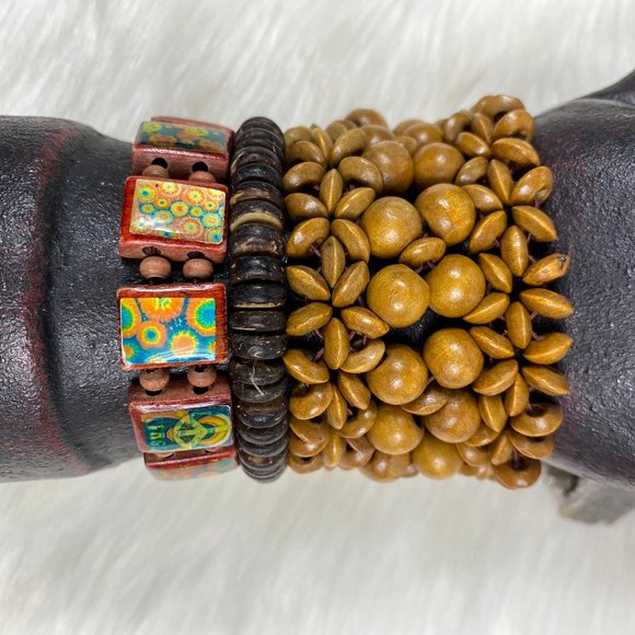 Set of Three Wood Boho Stretchy Bracelets Hippie Peace Organic - Picture 1 of 7